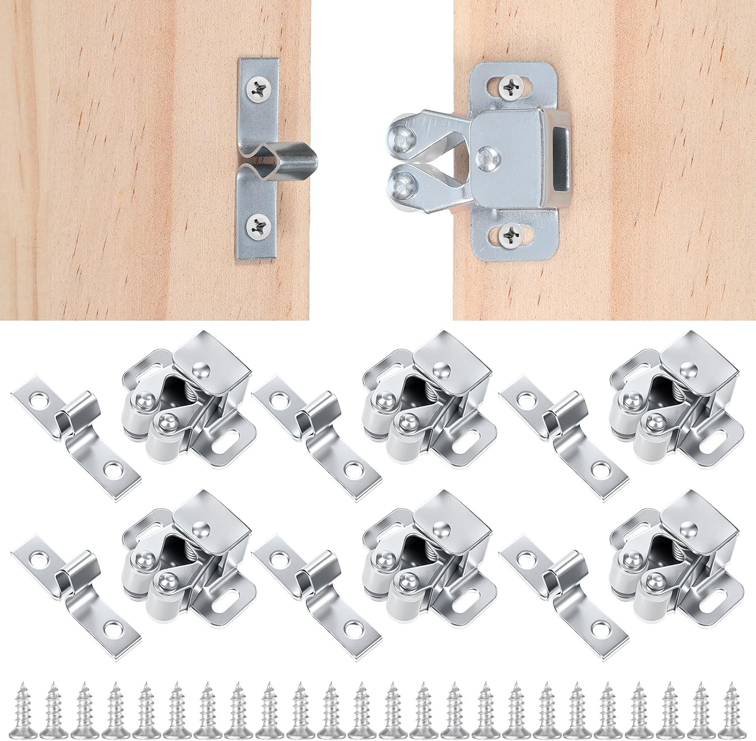 Set Mit 6 Möbelriegeln Für Schranktüren, Doppelrollen, Edelstahl Inkl. 24 Schrauben, Silberner Doppelrollenriegel – Schranktürriegel