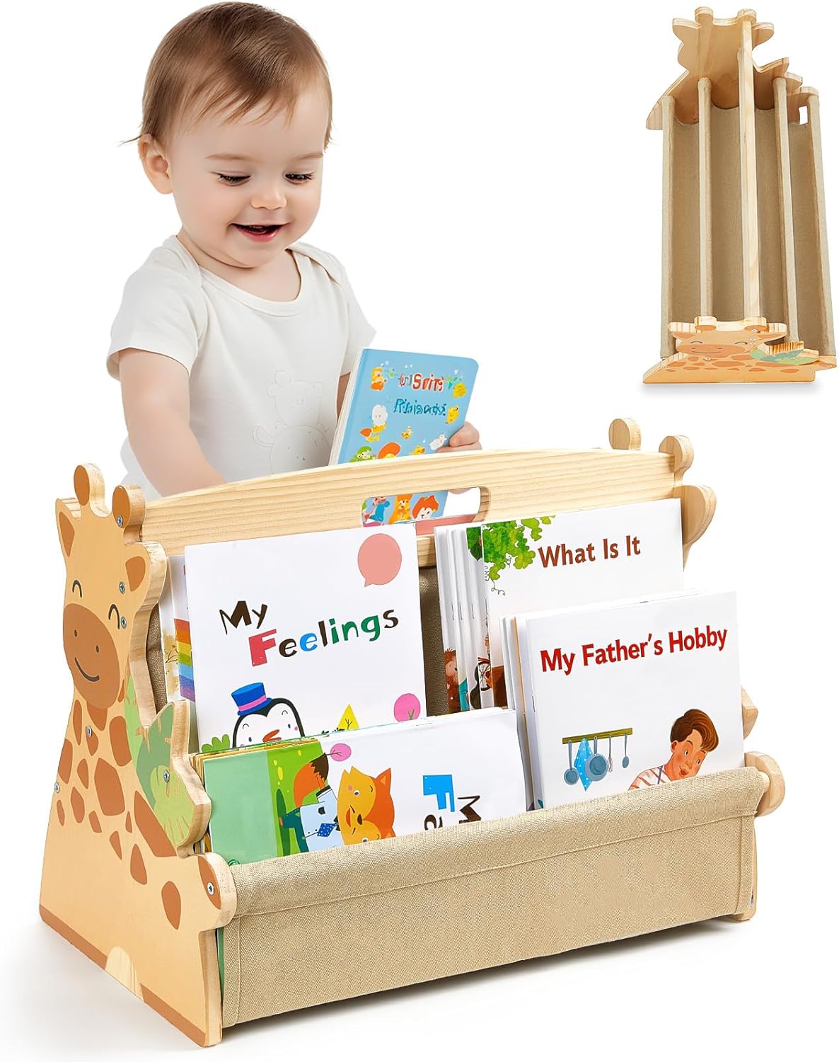 Doppelseitiges Kinderbücherregal – Bücherregal Aus Holz Und Canvas Mit Griff, Tragbare Montessori-aufbewahrungseinheit, Organizer Für Schlaf- Und Spielzimmer, Robustes Und Sicheres Design