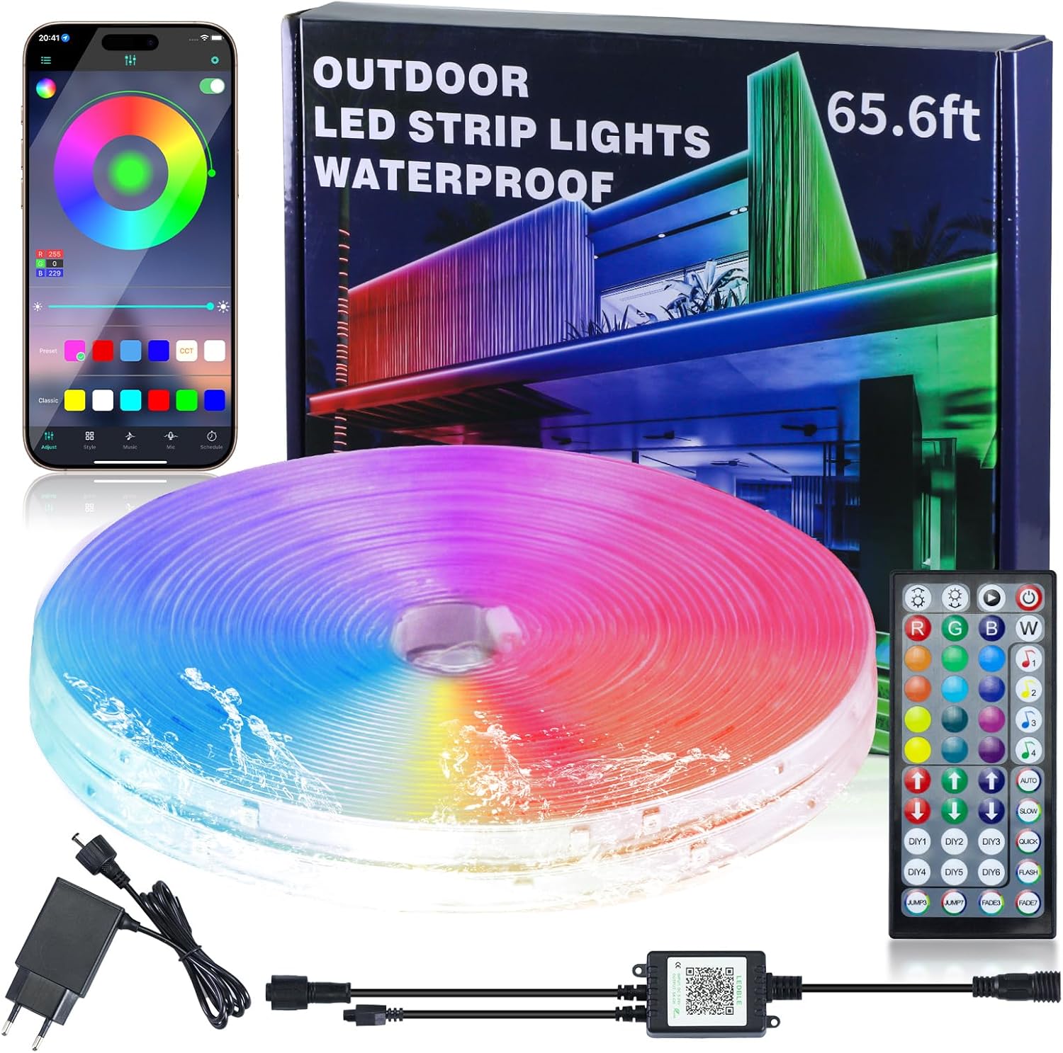 20 M Led-streifen Für Den Außenbereich, Ip68 Wasserdichter Rgb-led-streifen Für Den Außenbereich, Kompatibel Mit Fernbedienung/app Mit Musiksynchronisation Und Timerfunktion Für Balkone, Dächer Und Gä