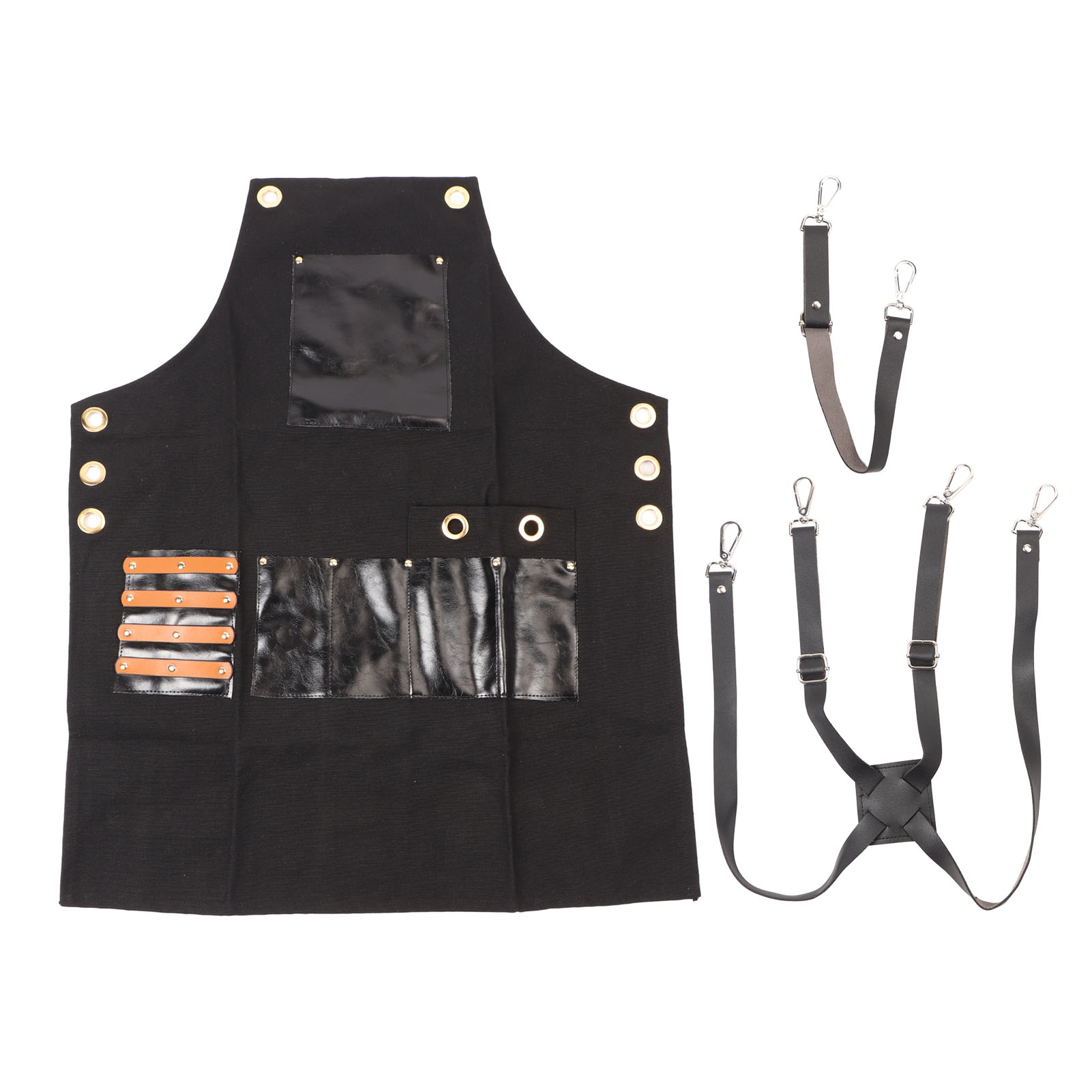 Schwarze Friseurschürze Aus Canvas, Wasserdicht Und Verstellbar, Mit Taschen, Aus Pu-leder Und Salonleder.