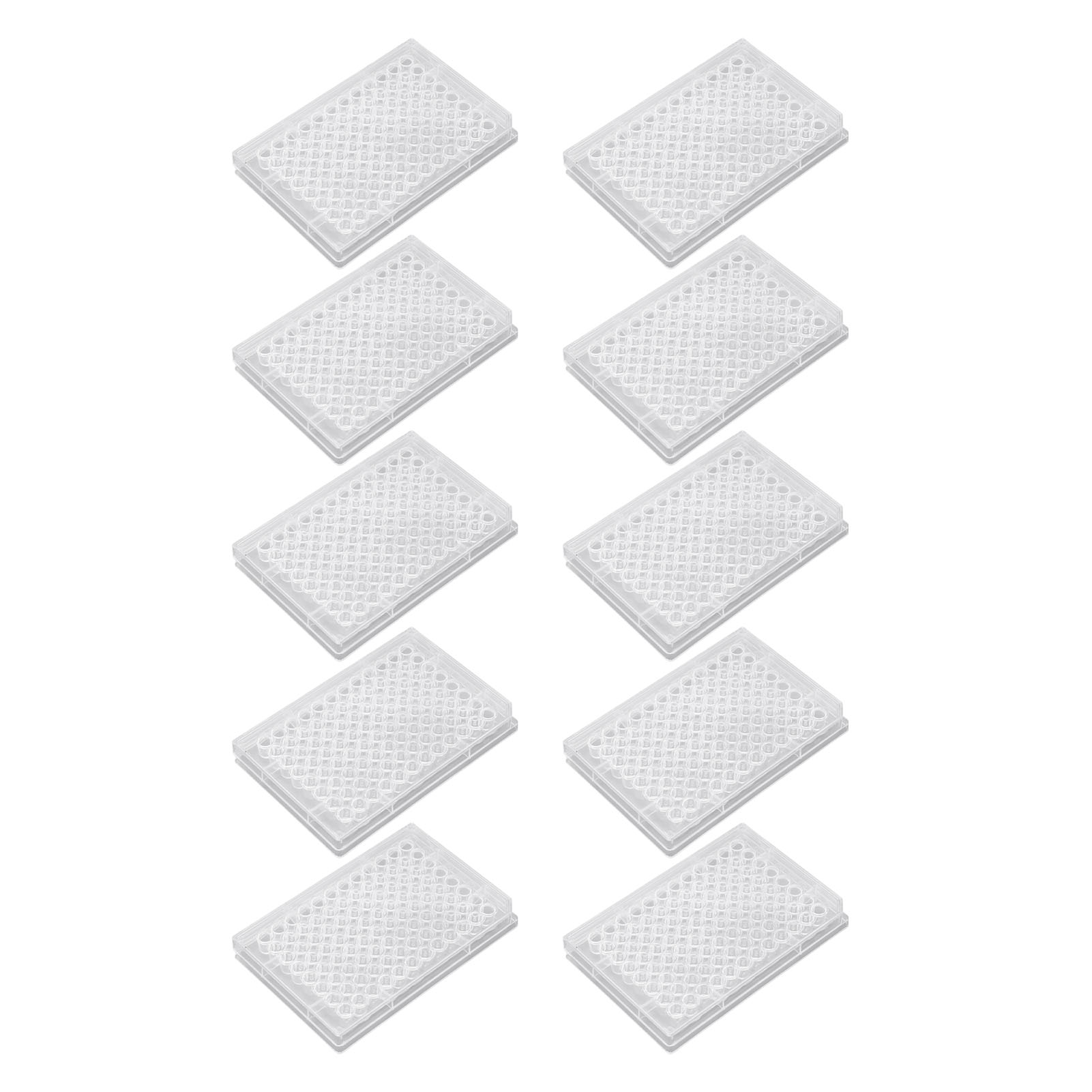 Packung Mit 10 Transparenten Polystyrol-zellkulturplatten Mit 96 Vertiefungen, Kunststoffdeckel Und U-förmigem Boden, Für Labor Und Biologieraum.