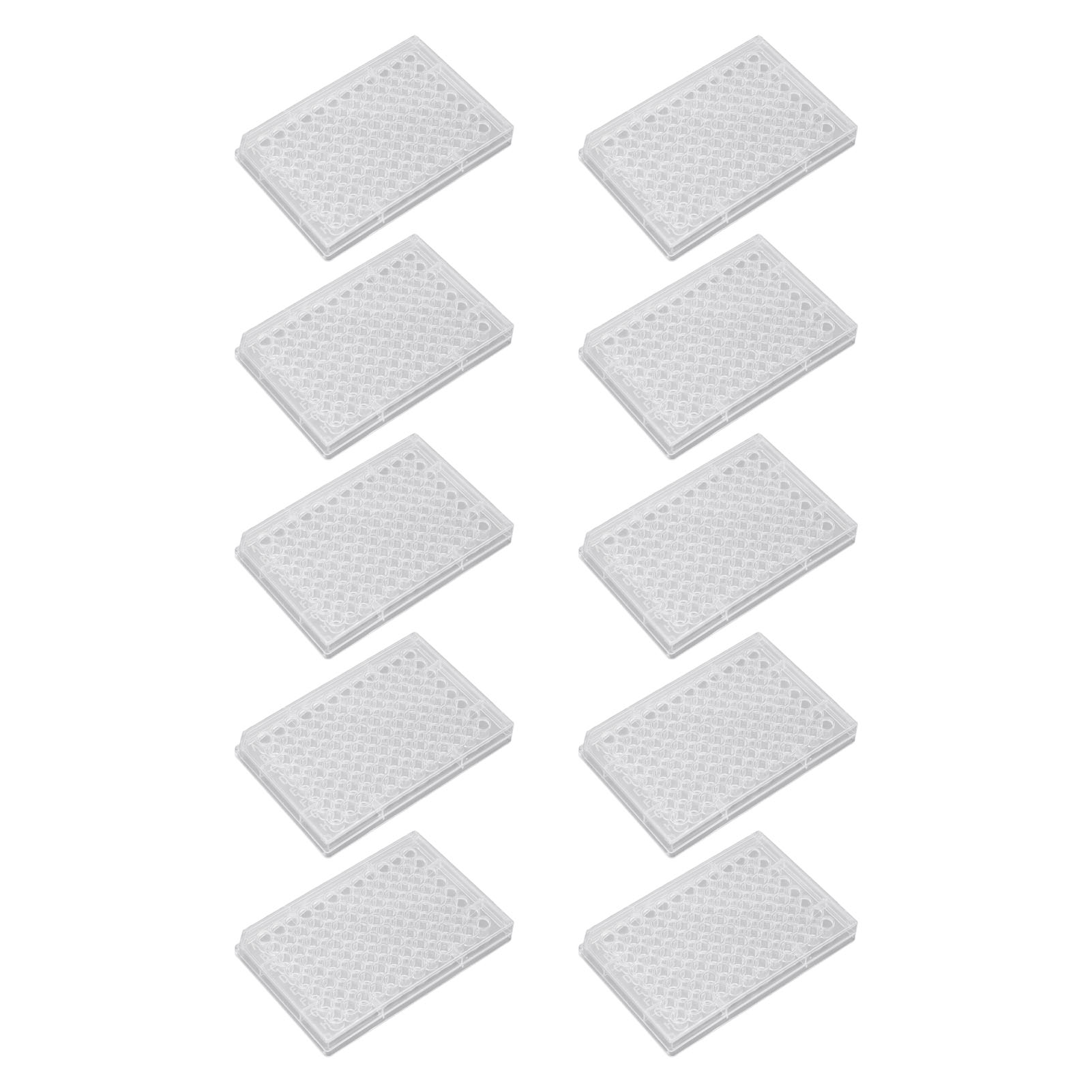 Packung Mit 10 Transparenten Polystyrol-zellkulturplatten Mit 96 Vertiefungen, Kunststoffdeckel Und V-förmigem Boden, Für Labor Und Biologieraum.