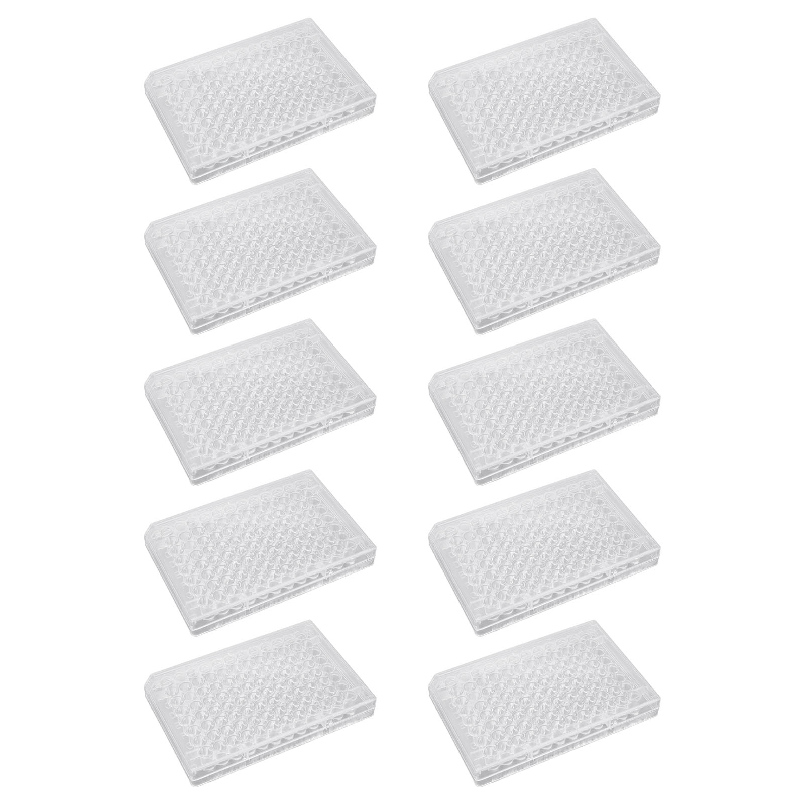 Packung Mit 10 Zellkulturplatten (96 Wells) Aus Transparentem Polystyrol Mit Kunststoffdeckel, Für Labor Und Biologieraum. Flacher Boden.