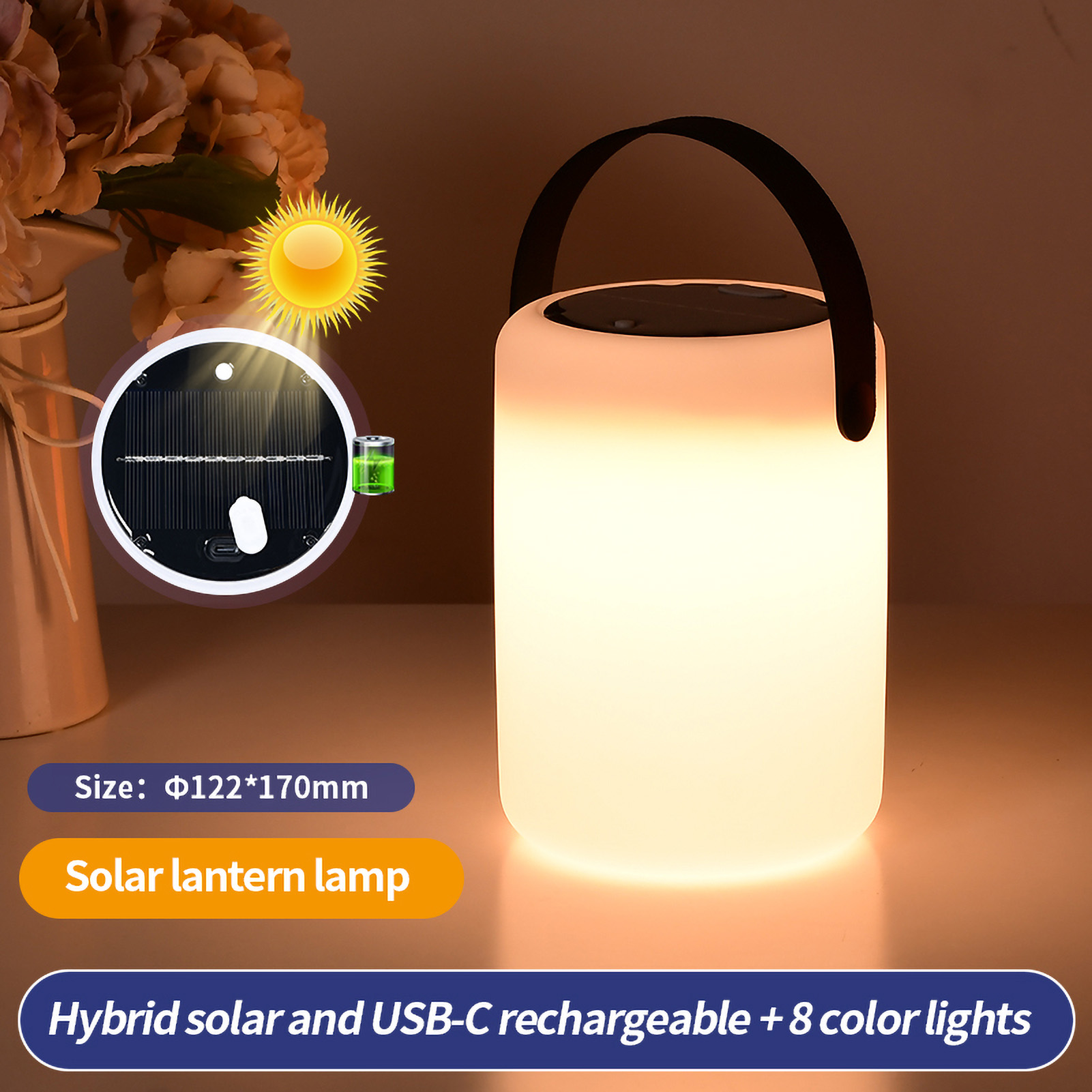 Tragbare Zylindrische Solar-außenlampe, Stimmungsvolles Nachtlicht Für Camping, Garten Und Rasen, Usb-c-ladefunktion