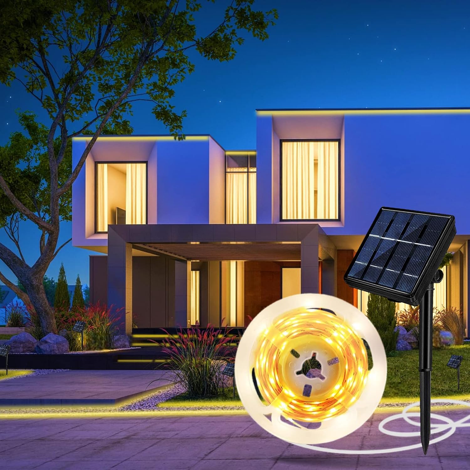 Solar-led-streifenleuchte 5 M Für Den Außenbereich, Warmweiß 2700k, Selbstklebend, Mit Fernbedienung, 320 Leds, Dimmbar, 8 Modi, Ip65 Wasserdicht, Kürzbar, Hell Für Pavillon, Balkon [energieklasse F]