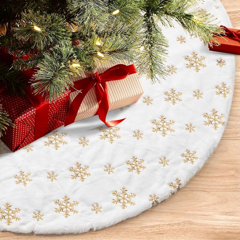 90 Cm / 35,4 Zoll Weihnachtsbaumrock Für Weihnachtsbaum- Und Partydekorationen, Weiß, Plüsch, Goldene Pailletten, Schneeflocken