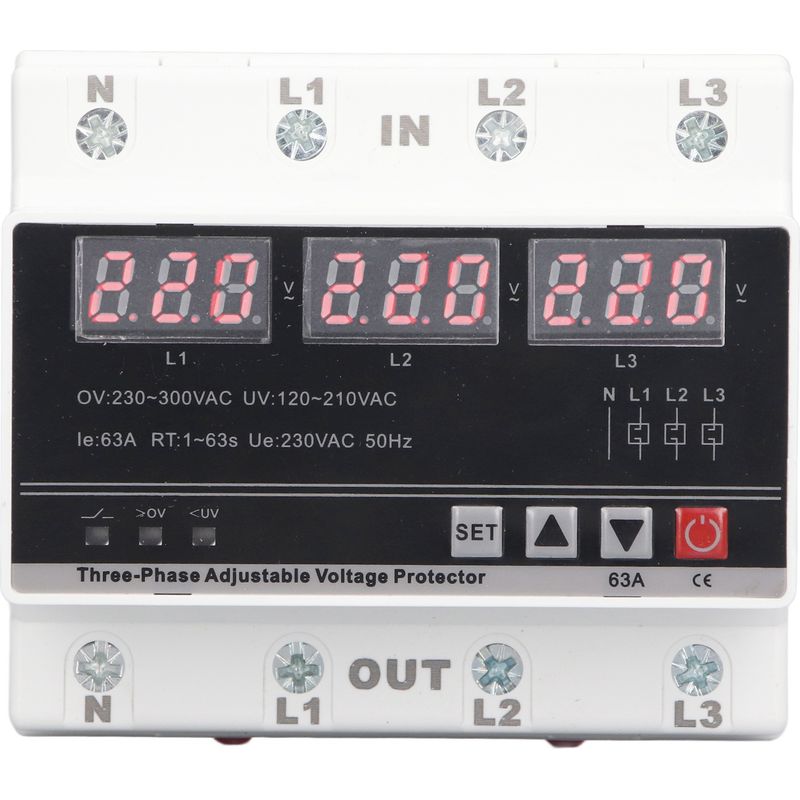Einstellbares Dreiphasiges Überspannungs- Und Unterspannungsschutzgerät, Din-schienenmontage, Ac 120 V–300 V, 63 A