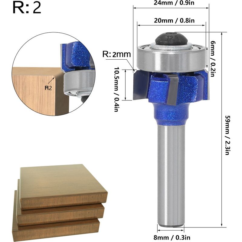 8-mm-rundschaftfräser, Hartmetall-rundeckenfräser, 4-klingen-holztrimmer, Metrischer Radius (2 Mm)