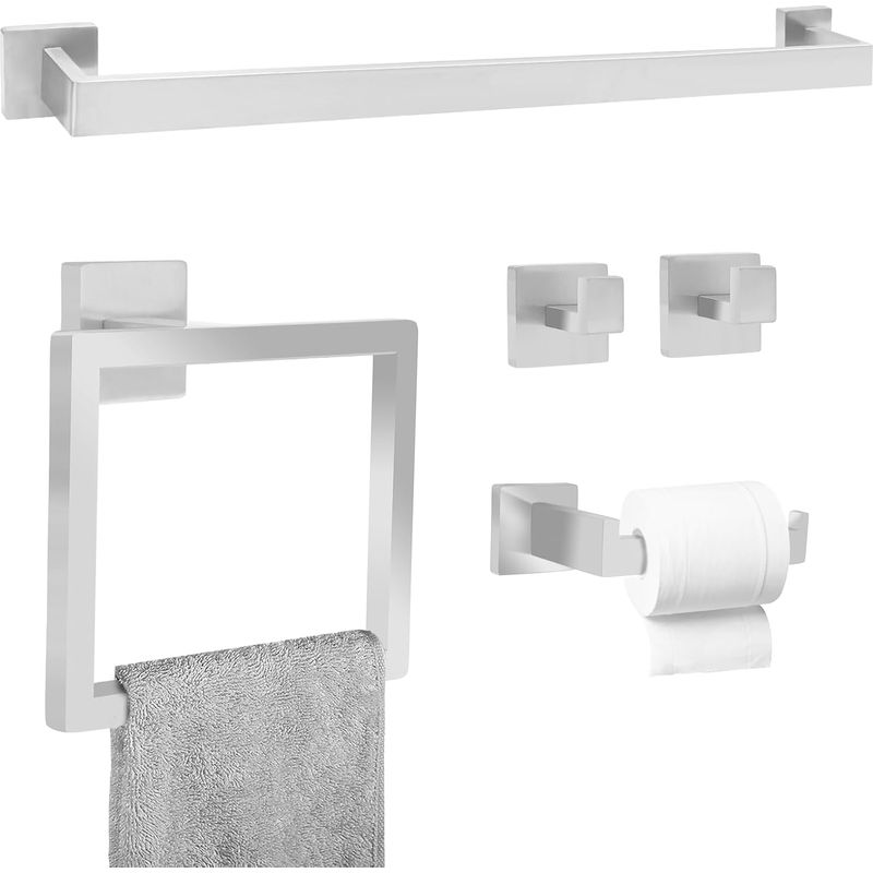 Set Mit 5 Badezimmeraccessoires Aus Silberfarbenem Edelstahl, 60 Cm Lange, Wandmontierte Handtuchstange