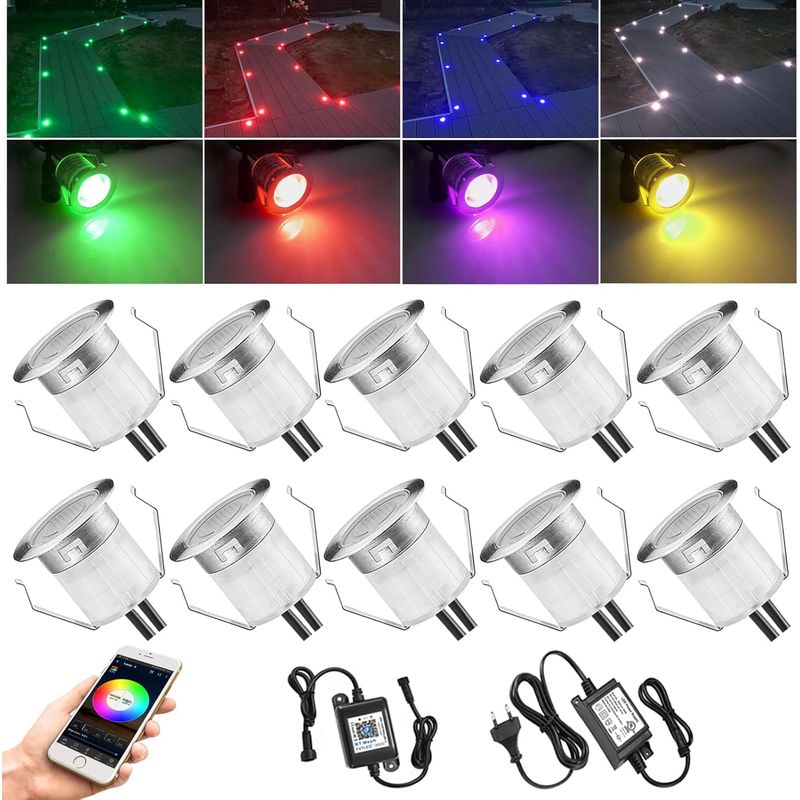 10 Wlan-rgb-einbaustrahler Für Den Außenbereich, Dimmbar, 0,6 W, Kompatibel Mit Alexa Und Google Home, 12 V Dc, Ø 30 Mm, Ip67, Komplettes Beleuchtungsset Für Wege
