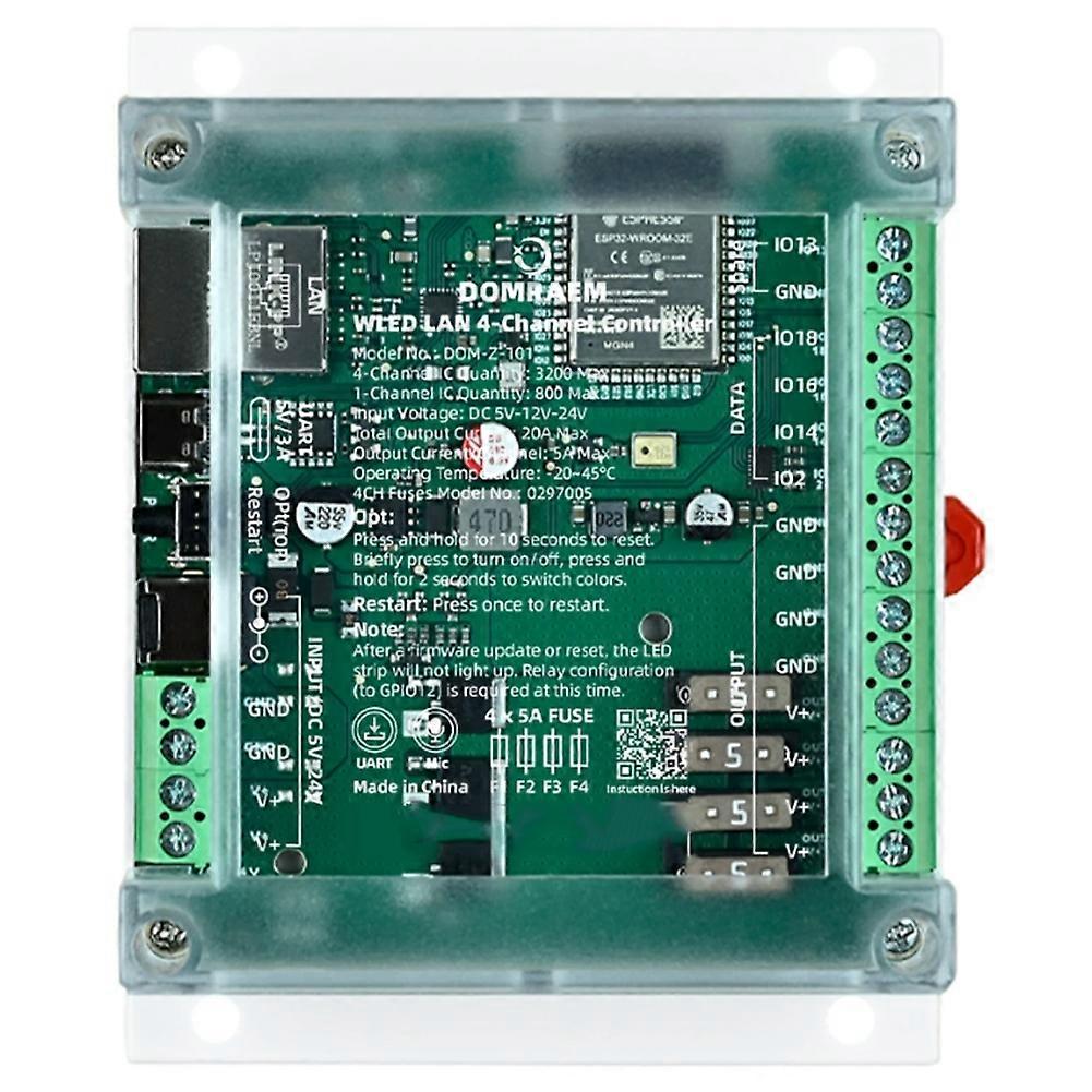 Domraem Esp32 4-kanal-controller Für Adressierbare Weiße Leds, Ethernet Rj45, Din-schienenmontage, 20a Ethernet-led-controller