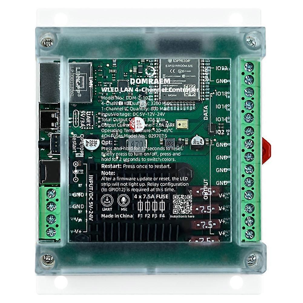 Domraem Wled 4-kanal Esp32 Ethernet Din-schienen-led-controller, 30 A, Wlan-musiksynchronisation, Dc 5–24 V, Ws281x Adressierbarer Rgbic-led-streifen