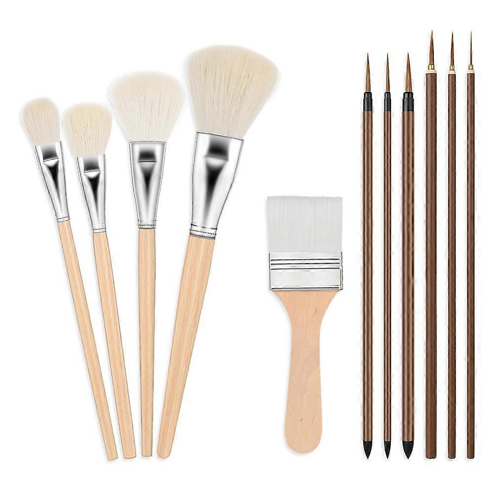 Set Mit 11 Keramikglasurwerkzeugen: Holzpinsel In Verschiedenen Formen, Für Schüler, Künstler Und Erwachsene.