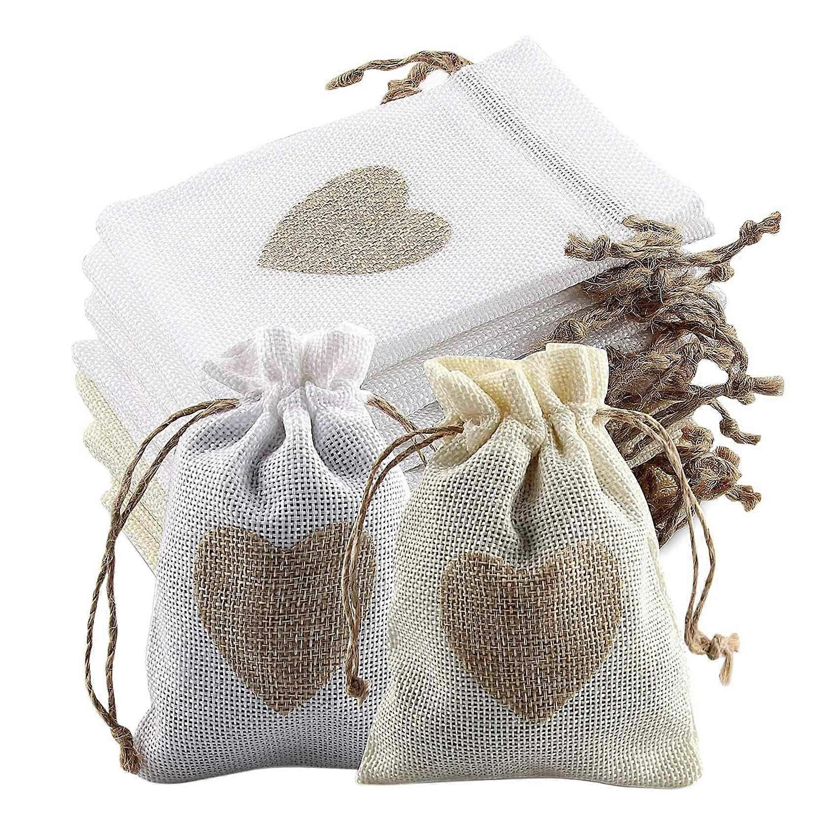 Set Mit 24 Jutebeuteln Mit Kordelzug Und Herzmuster, Ideal Für Süßigkeiten, Taufen, Hochzeiten Oder Als Beutel Zum Befüllen.
