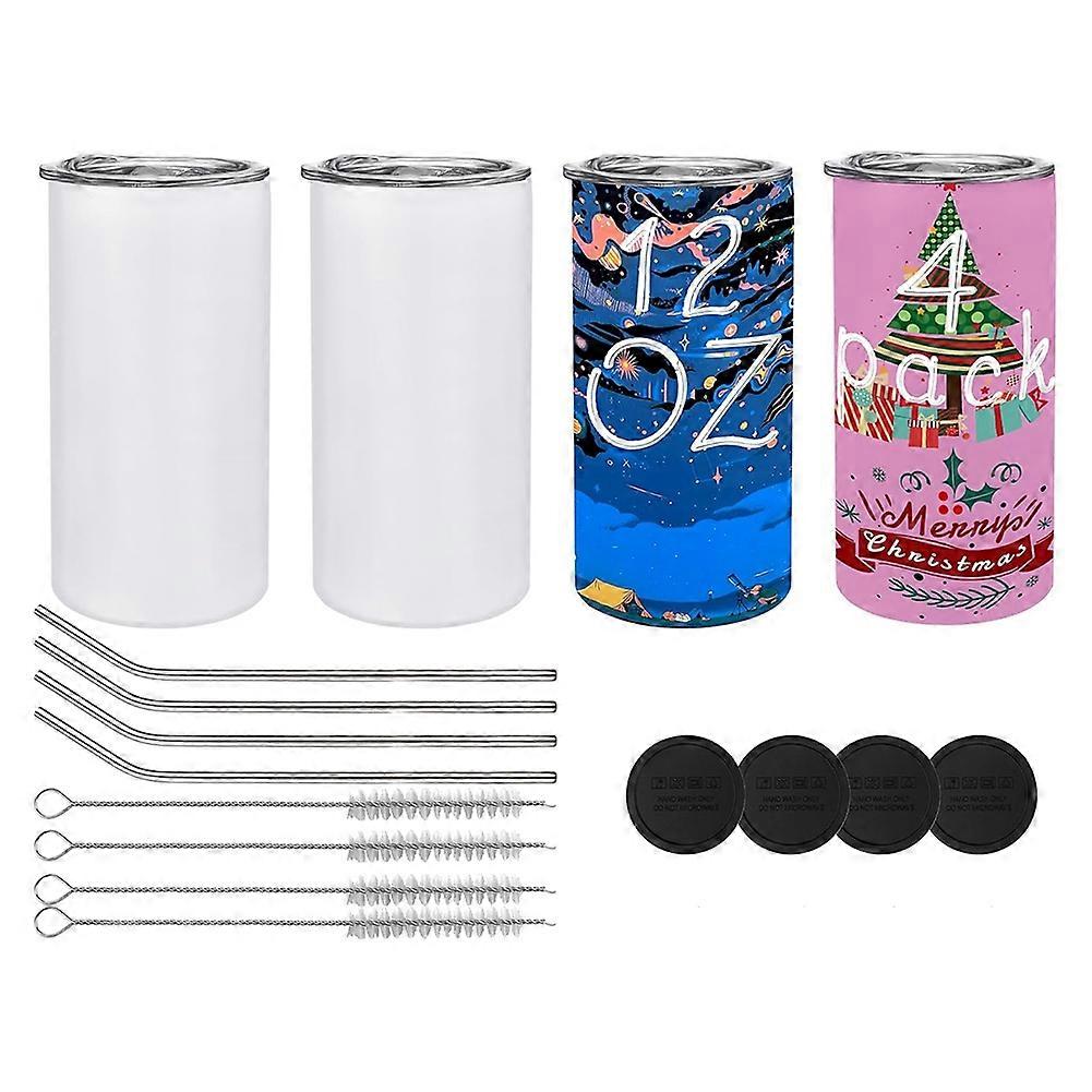 Set Aus 4 Unbedruckten, 35 Cl (12 Oz) Fassenden, Isolierten Edelstahlbechern Mit Deckel Und Strohhalm Zur Individuellen Gestaltung.