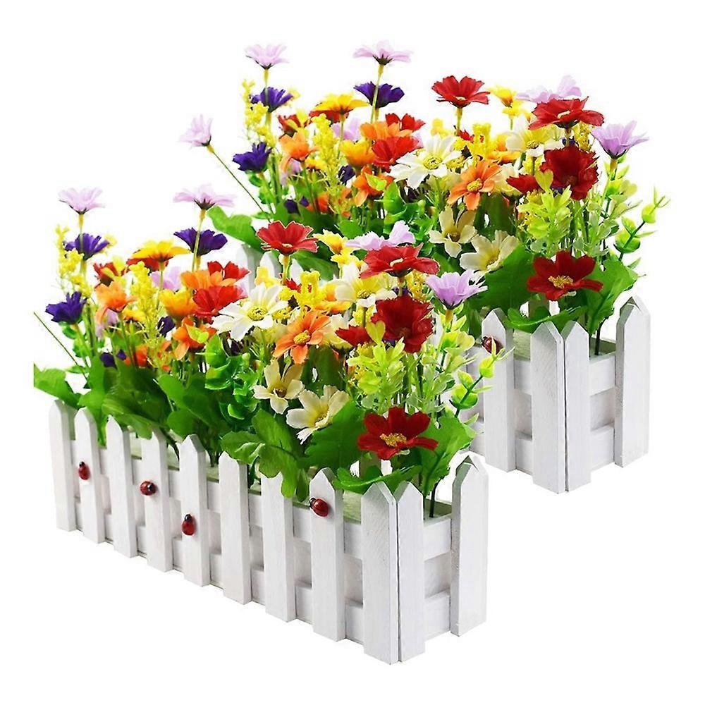 Künstliche Pflanzen – Mehrfarbige Gänseblümchen Im Topf Mit Zaunmuster, Für Die Innendekoration (büros, Hochzeiten, Zuhause), 2er-set