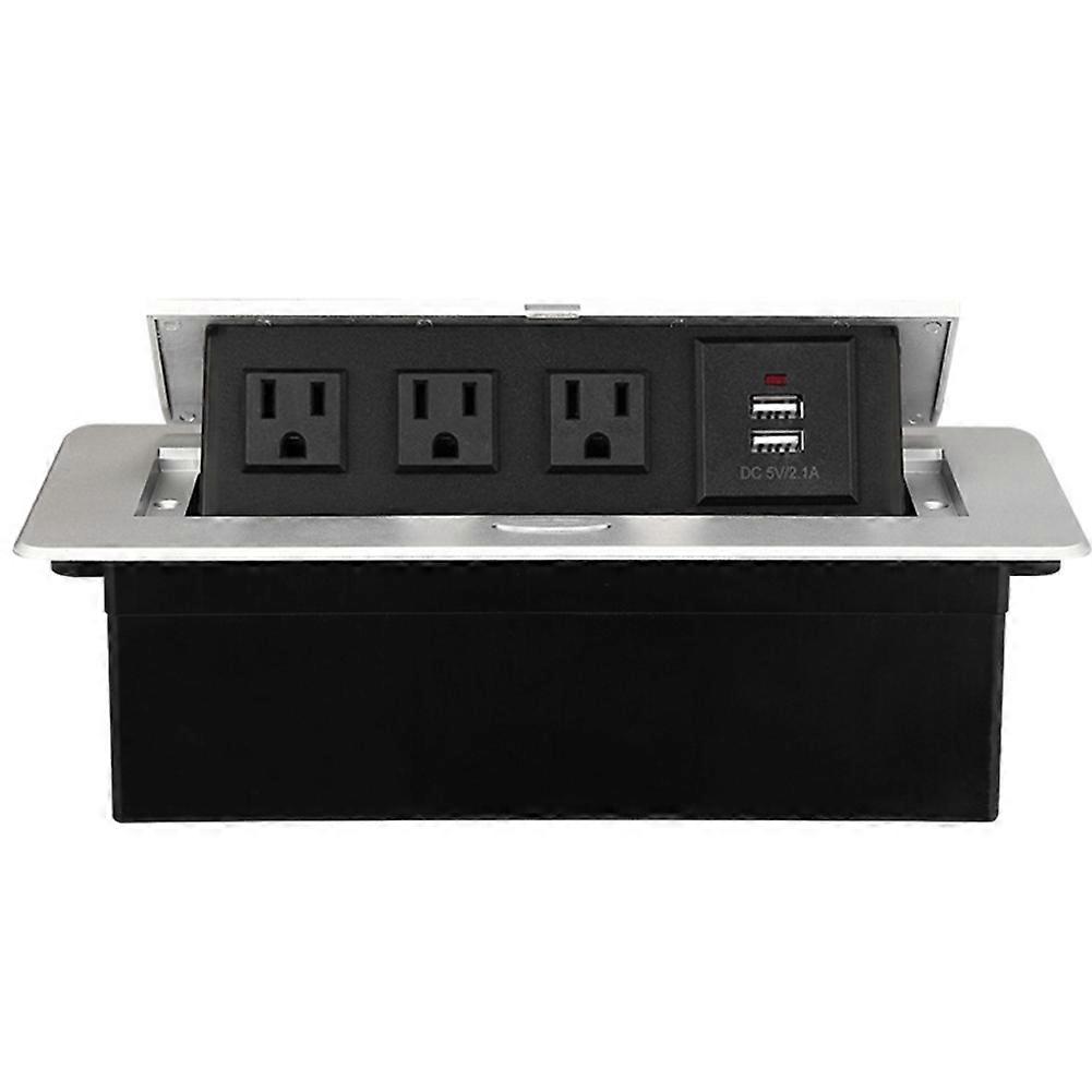Versenkbare 3-fach-bodensteckdose, Eingelassen In Eine Arbeitsplatte, Mit 2 Usb-anschlüssen Und Einem Amerikanischen Stecker.