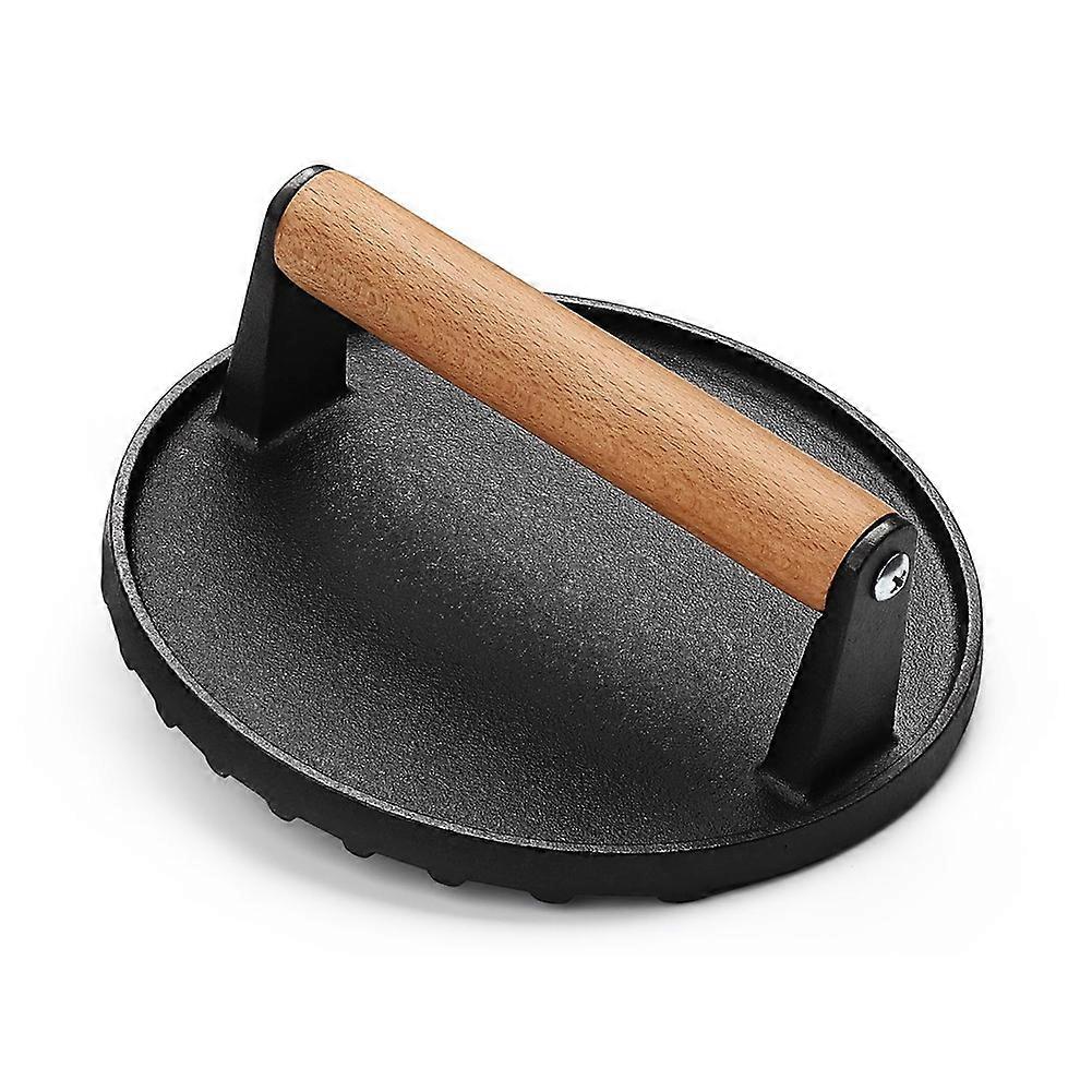 Runde Hamburgerpresse Aus Gusseisen Mit 18 Cm Durchmesser Und Holzgriff Zum Zerkleinern Von Speck Und Fleisch, Ideal Zum Grillen, Für Sandwiches Und Beschichtete Pfannen.