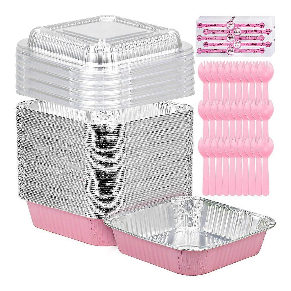 Set Mit 35 Einweg-aluminiumformen In Rosa, 20 X 20 Cm, Mit Kunststoffdeckeln, Aufklebern Und Kuchenlöffeln, Für Backbleche Und Aluminiumformen.