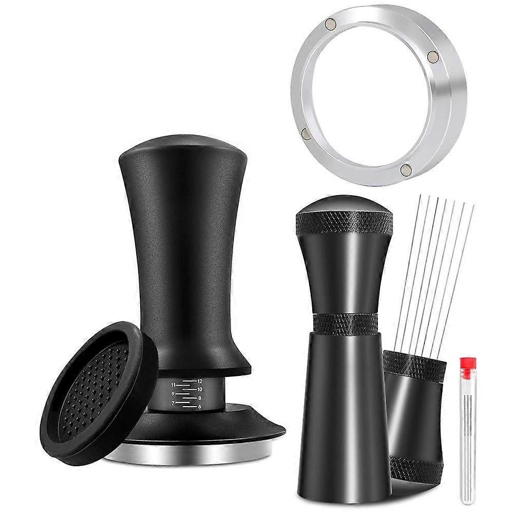 Zubehörset Für 53-mm-espressomaschinen, Bestehend Aus Einem Kalibrierten Federtamper, Einer Edelstahlnadel Und Einem Dosiertrichter.