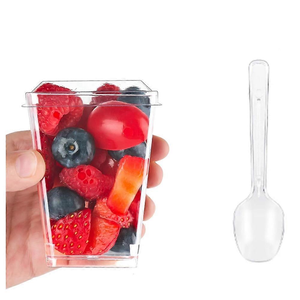 Set Mit 40 Durchsichtigen, Quadratischen 160-ml-dessertbechern Aus Kunststoff Mit Deckel Und Löffeln, Wiederverwendbar Für Puddings, Mousses Und Partys.