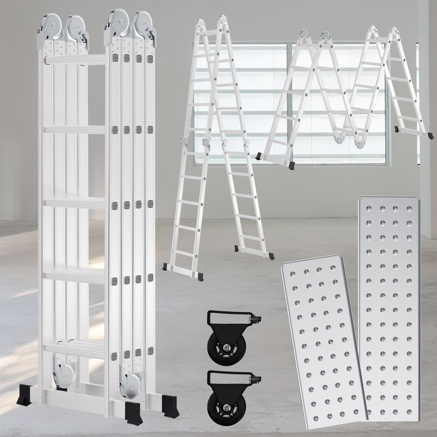 Randaco 7in1 Mehrzweckleiter 4x5 Stufen Aus Aluminium, Ca. 580cm / 5.8m, Multifunktions-gelenkleiter Mit 2 Plattformen & 2 Rollen, Max. Belastbarkeit 150 Kg