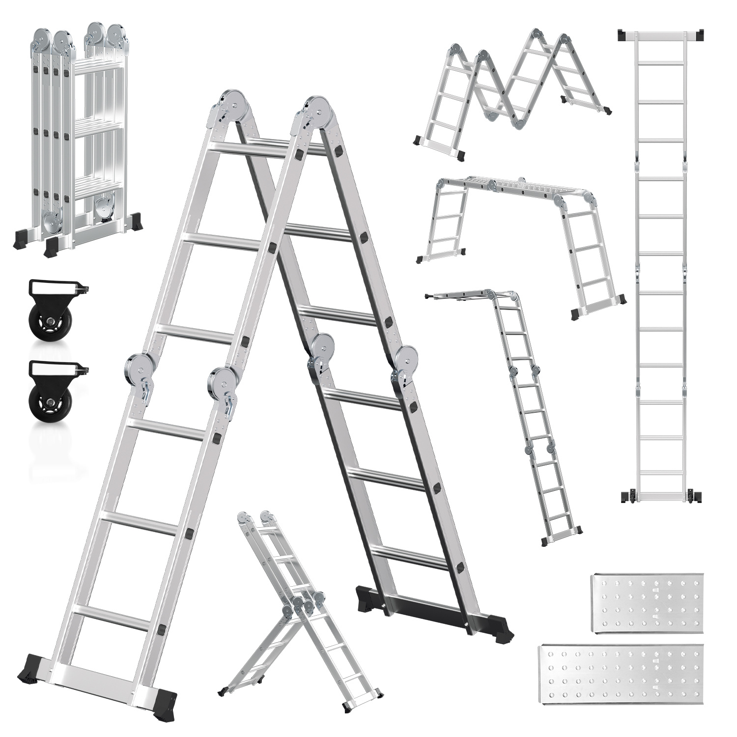 Randaco 7in1 Mehrzweckleiter 4x3 Stufen Aus Aluminium, Ca. 360cm / 3.6m, Multifunktions-gelenkleiter Mit 2 Plattformen & 2 Rollen, Max. Belastbarkeit 150 Kg