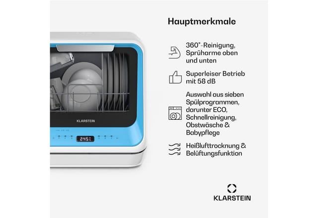 Klarstein Amazonia Mini Geschirrspüler Kompakte Tischspülmaschine mit Wassertank, 7 Programme, 5L, Digitalanzeige, Leise 58dB, Energieeffizienzklasse