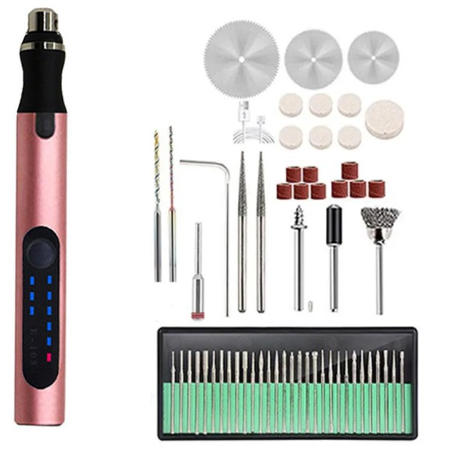 Elektrischer Gravierstift, 3 Einstellbare Geschwindigkeiten, Wiederaufladbares Kabelloses Gravierwerkzeug-set, 59-teilig (rosa)