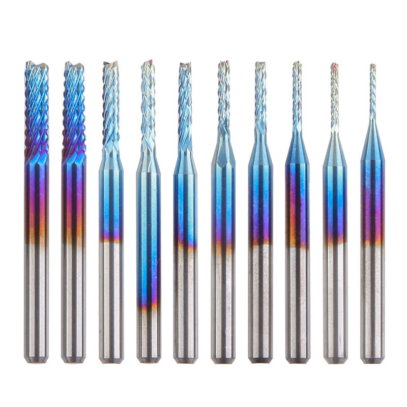 Satz Von 10 Cnc-fräsern Mit Nano-blauer Beschichtung, 0,8-3 Mm, 1/8" Schaftdurchmesser.