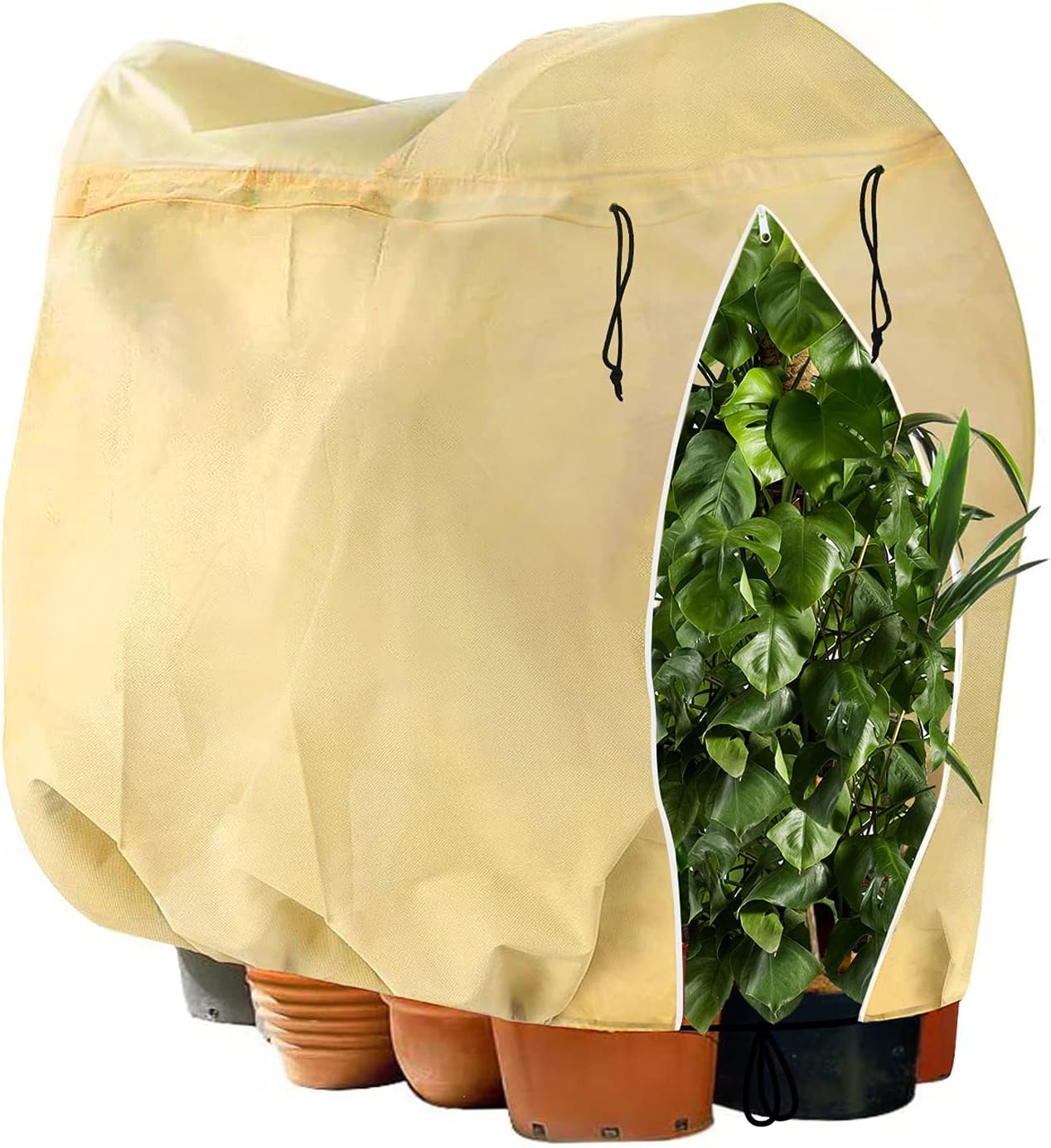 Winterlicher Pflanzenschutz, 180 X 120 Cm, Verstellbare Größe, Mit Kordelzugreißverschluss, Frostbeständiger, Wiederverwendbarer Pflanzensack, Beige.