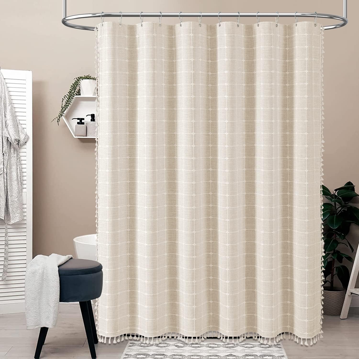 Duschvorhang Im Boho-stil Mit Quasten, Leinenstoff, Ideal Für Die Badezimmerdekoration, 183 X 198 Cm (beige)