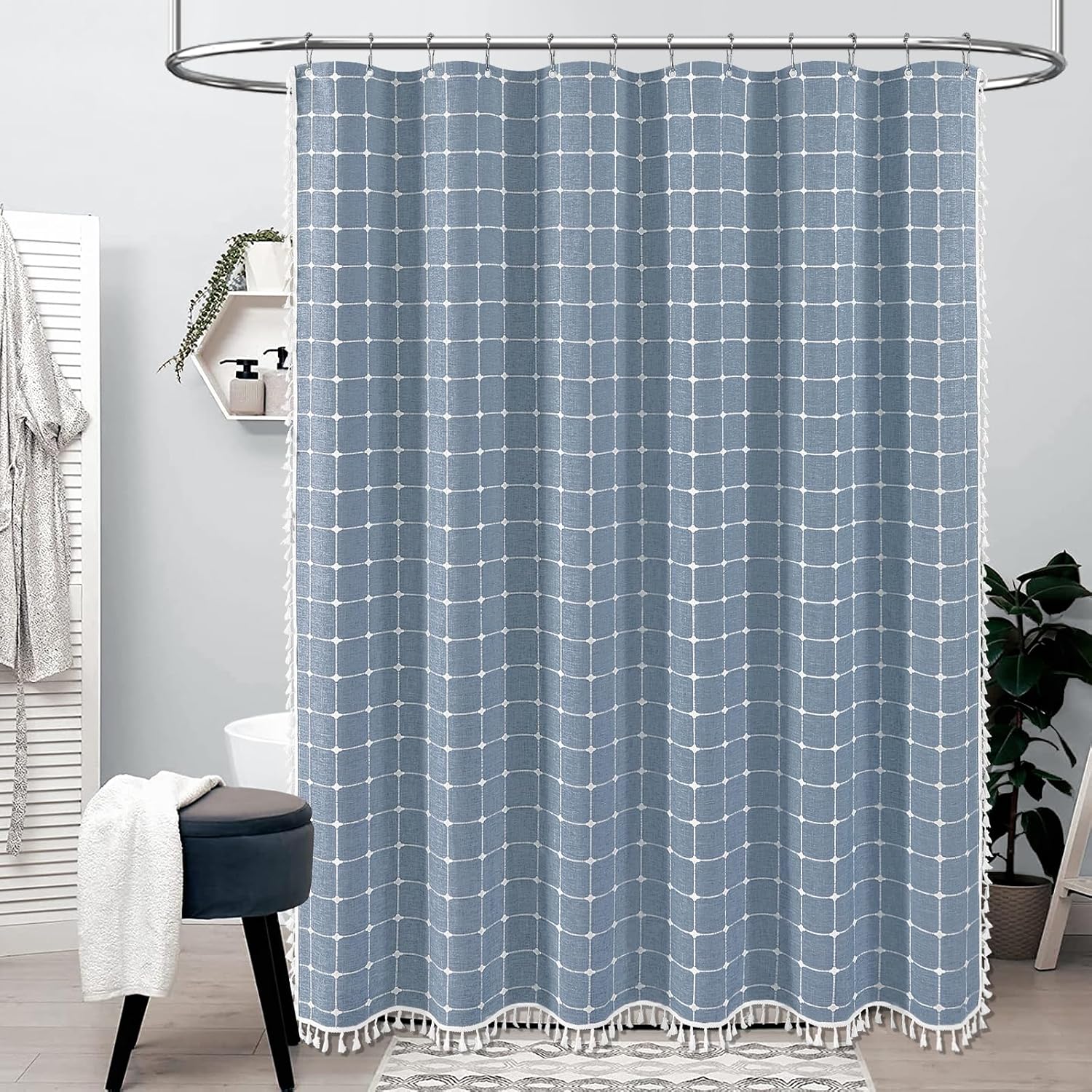 Duschvorhang Im Boho-stil Mit Quasten, Leinenstoff, Ideal Für Die Badezimmerdekoration, 183 X 198 Cm (weiße Karos Auf Blauem Hintergrund)
