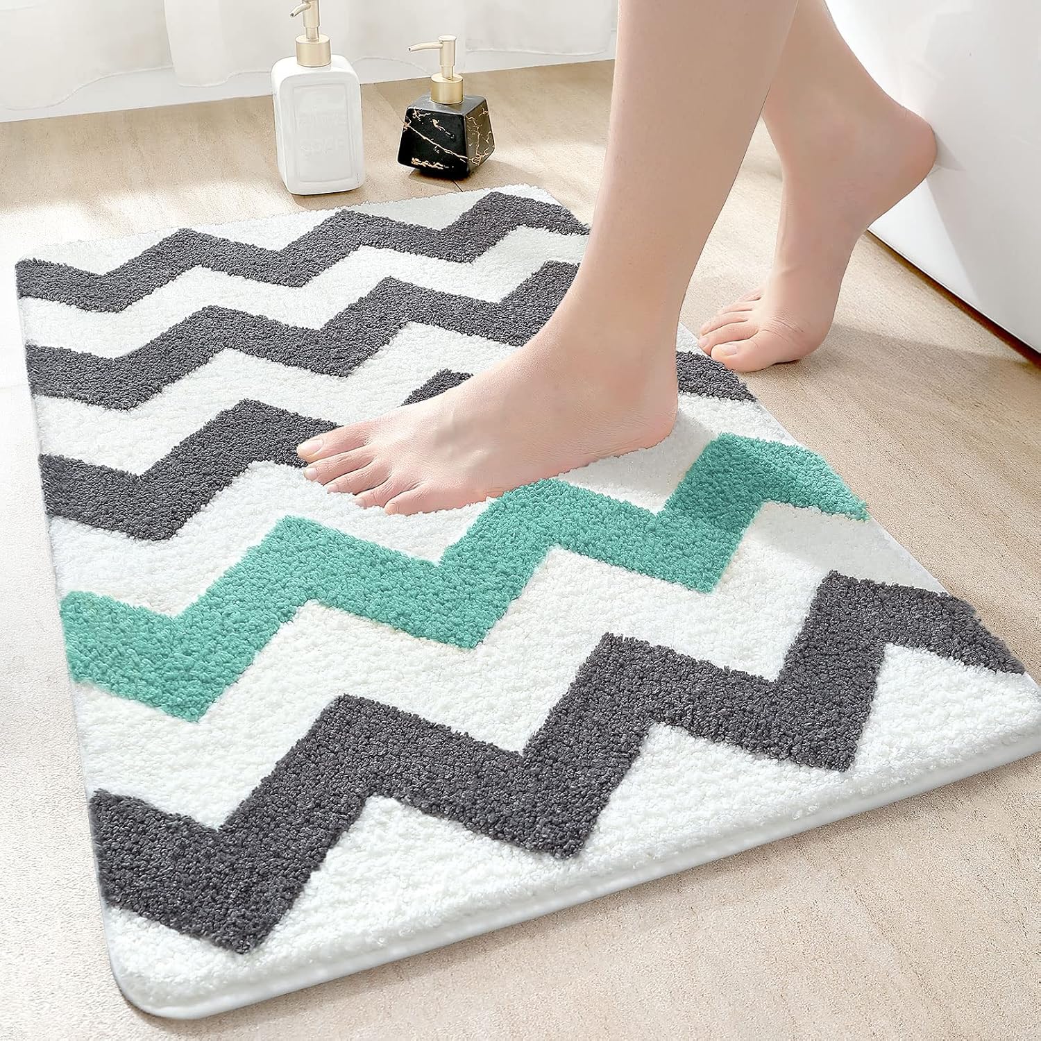 Rutschfeste Badematte, Weiche Mikrofaser-duschmatte, Extra Dicke Duschmatte Fürs Badezimmer, 50 X 80 Cm, Grün-grau