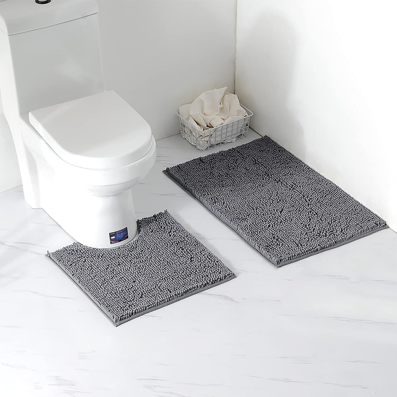 Set Aus 2 Bad-/toilettenmatten, Dicke Chenille-toilettenmatte, Weich Und Saugfähig, Rutschfest, Maschinenwaschbar (dunkelgrau)