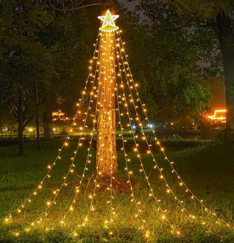 Solarbetriebene Lichterkette, Kaskadenförmige Weihnachtsbaumbeleuchtung Mit Einem Stern An Der Spitze (warmes Licht)