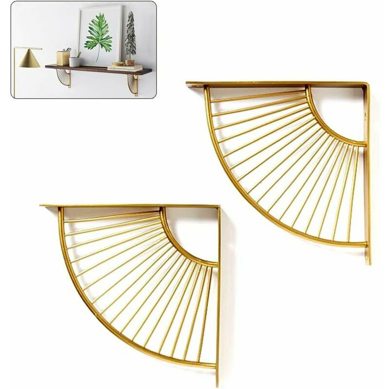 Dreieckige, Fächerförmige Wandregalhalterung Aus Goldfarbenem Metall (15 Cm), 2er-set, Ideal Zur Dekoration Von Esszimmer, Büro Oder Wohnung. Eckhalterung