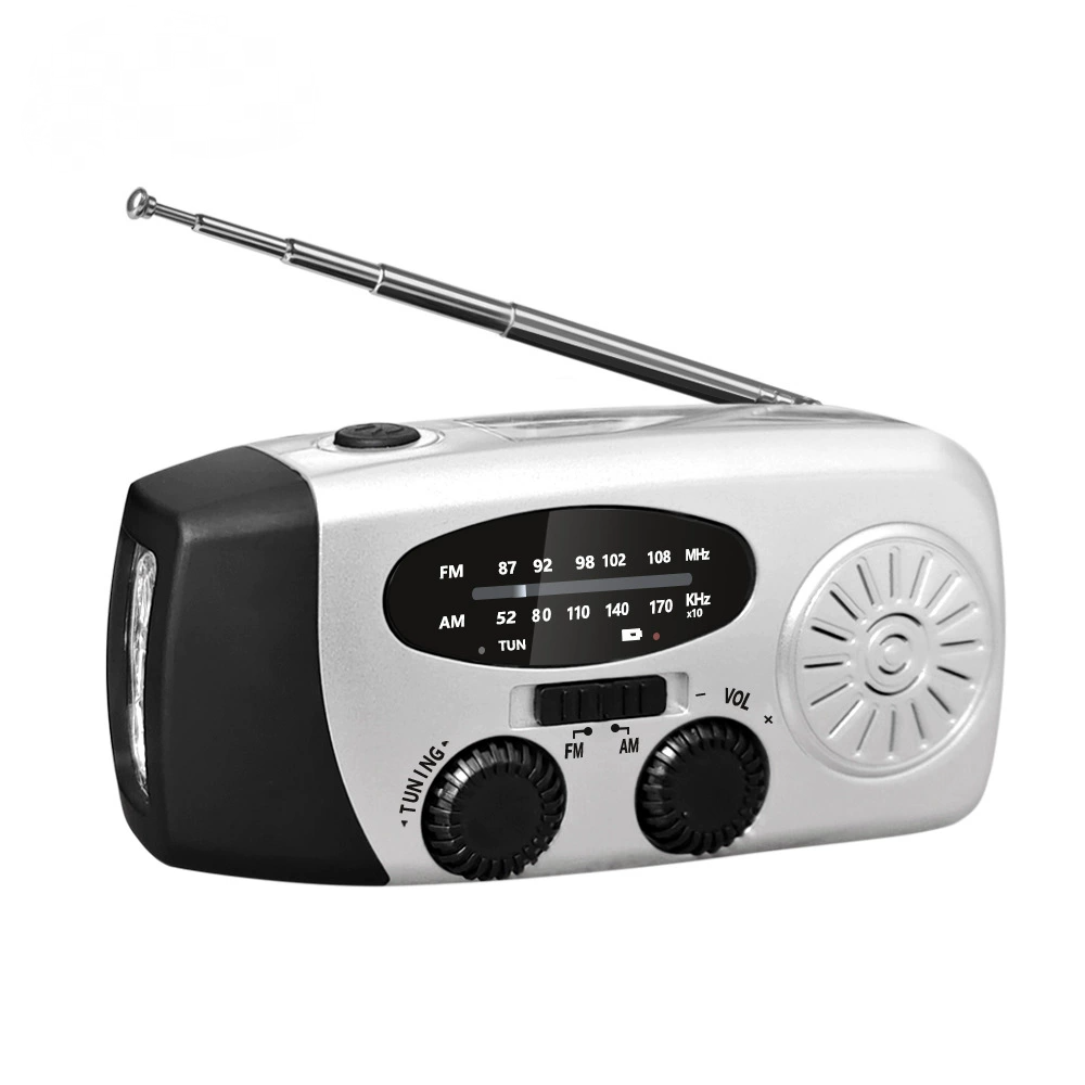 Notfall-kurbelradio Mit Led-taschenlampe, Tragbares Noaa Am/fm-radio Mit 2000-mah-powerbank, Silbergrau