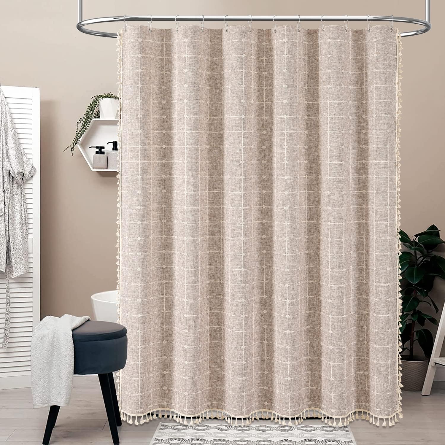 Duschvorhang Im Boho-stil Mit Quasten, Leinenstoff, Ideal Für Die Badezimmerdekoration, 183 X 198 Cm (kaffee)