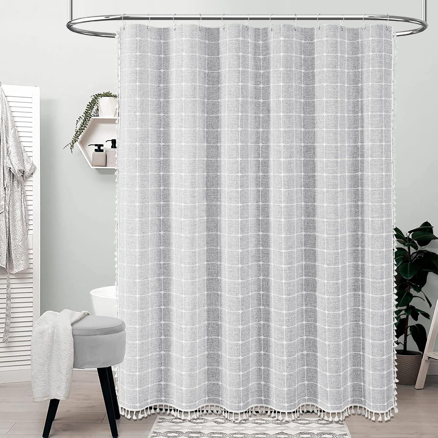 Duschvorhang Im Boho-stil Mit Quasten, Leinenstoff, Ideal Für Die Badezimmerdekoration, 183 X 183 Cm (hellgrau)