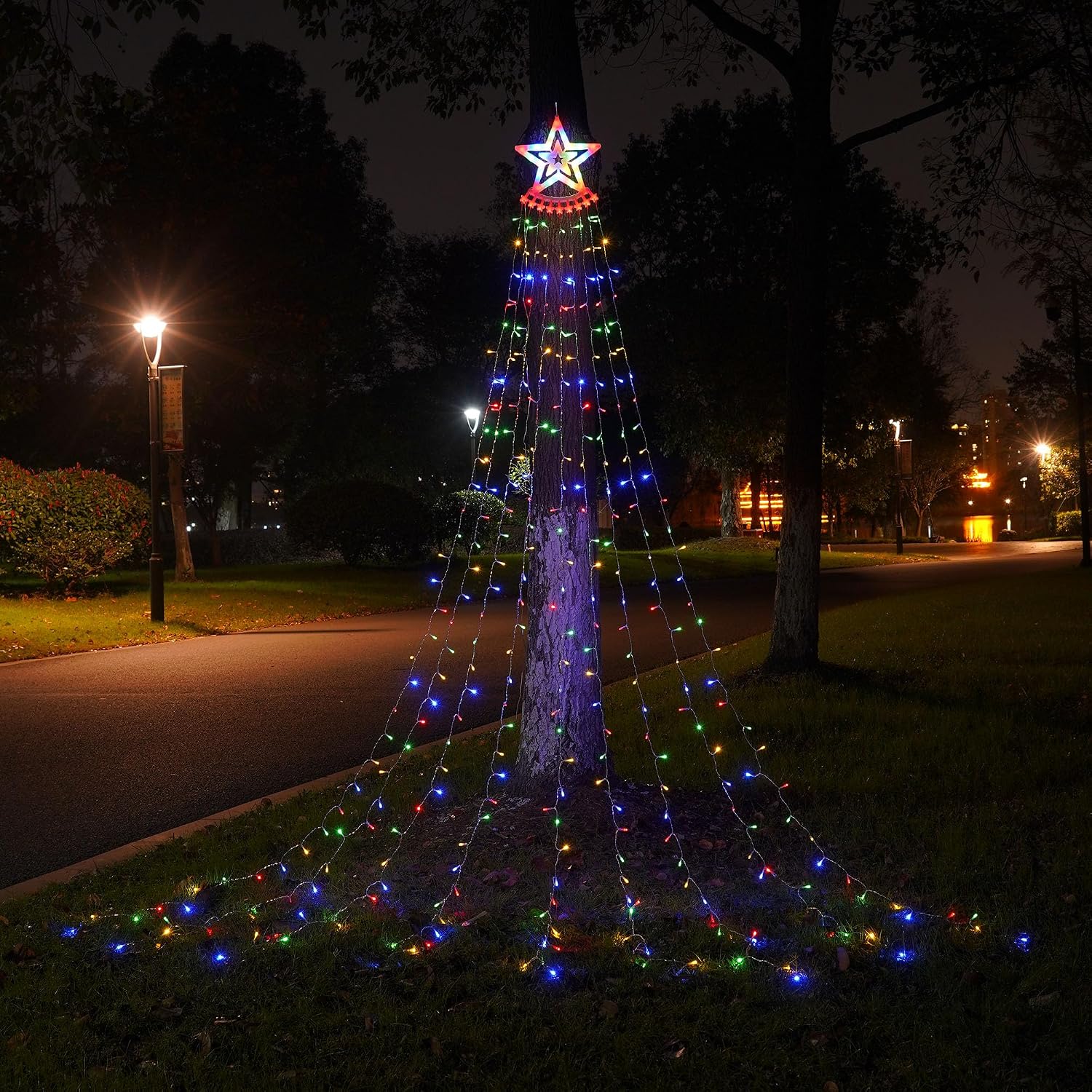 Solarbetriebene Lichterkette, Kaskadenförmige Weihnachtsbaumbeleuchtung Mit Einem Stern An Der Spitze (farbige Lichter)