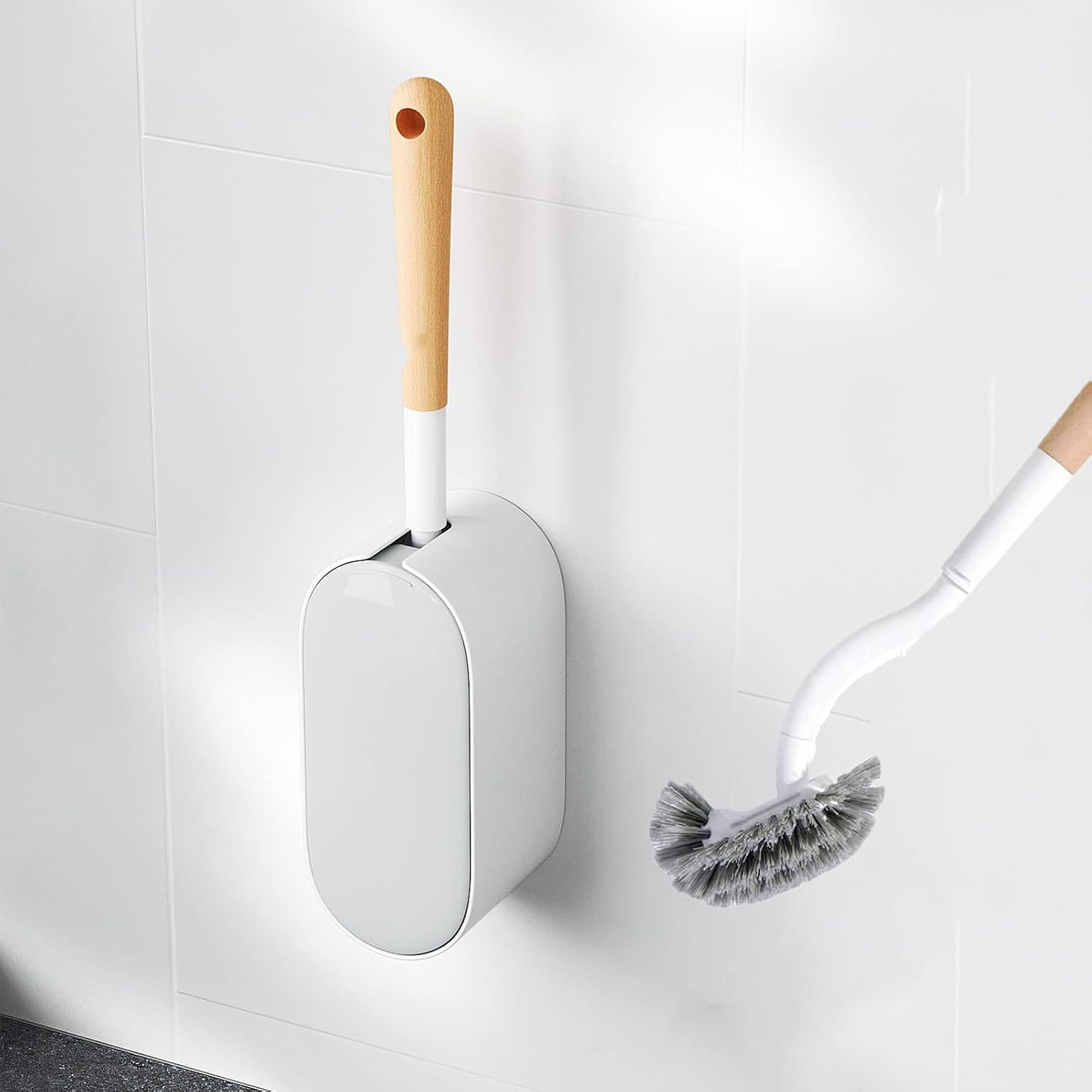Toilettenbürsten- Und Bürstenhalter-set Mit Deckel, Gebogene Und Abgewinkelte Toilettenbürste, Widerstandsfähige Borsten, Geeignet Für Die Badreinigung.