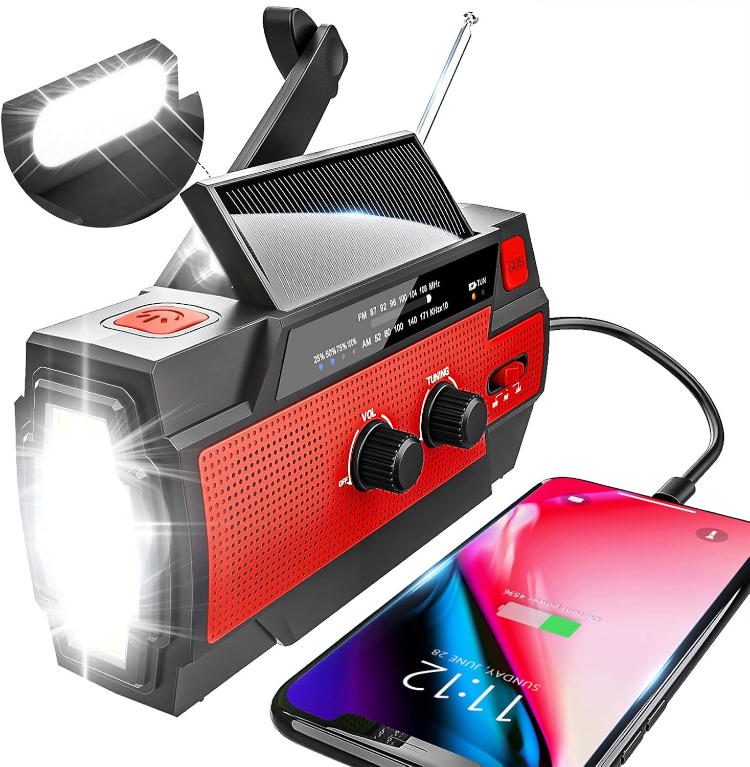 Tragbares Am/fm-solarradio Mit Wiederaufladbarem 4000-mah-akku Und Roter Led-taschenlampe