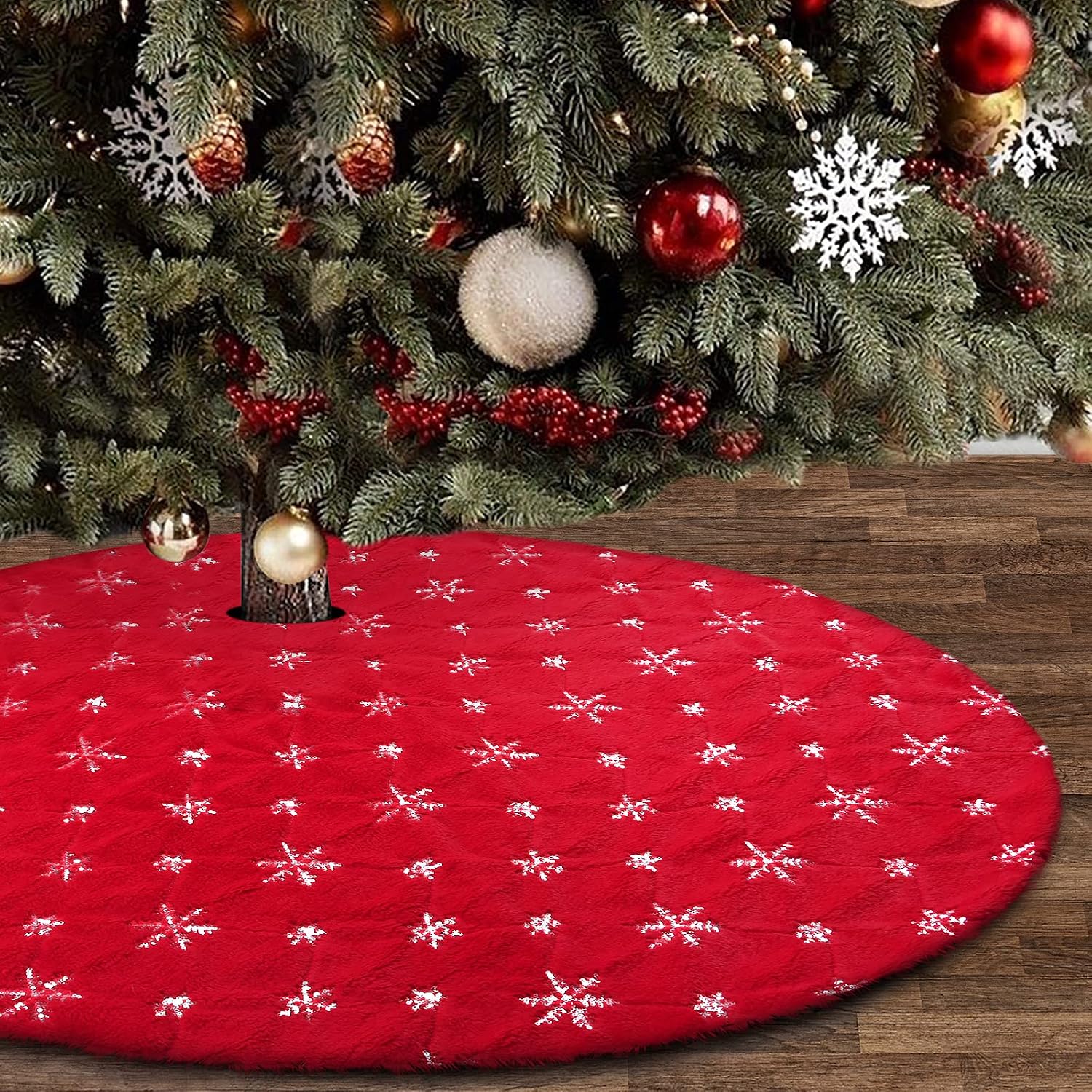 Weihnachtsbaumdecke, Weihnachtsbaumständer, Weihnachtsbaummatte, Silberne Schneeflocken-pailletten (rot, 150 Cm)