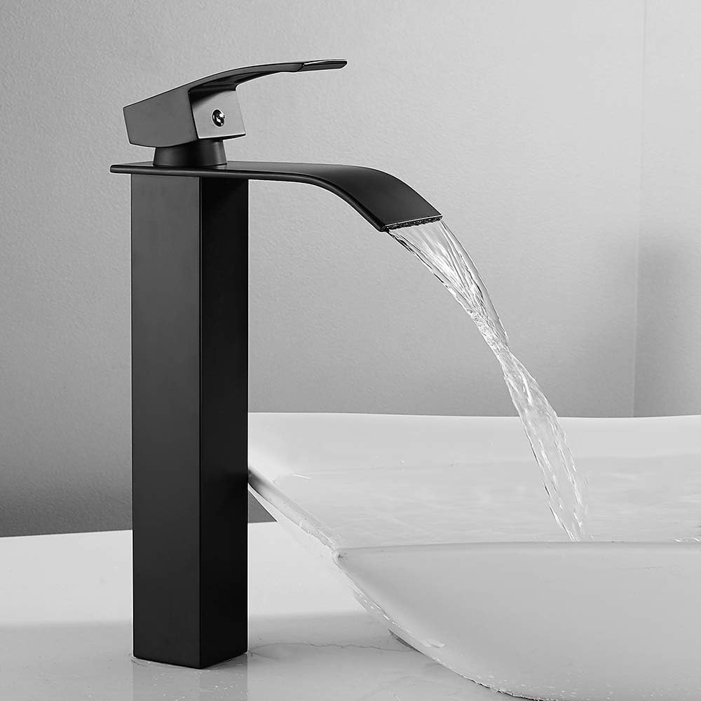 Wasserhahn Im Wasserfall-stil Für Warm- Und Kaltwasser, Quadratischer Küchenwasserhahn Aus Chrom, Einloch-küchenwasserhahn, Modernes Waschbecken Im Trolley-stil Für Badezimmer (schwarz, Hoch).