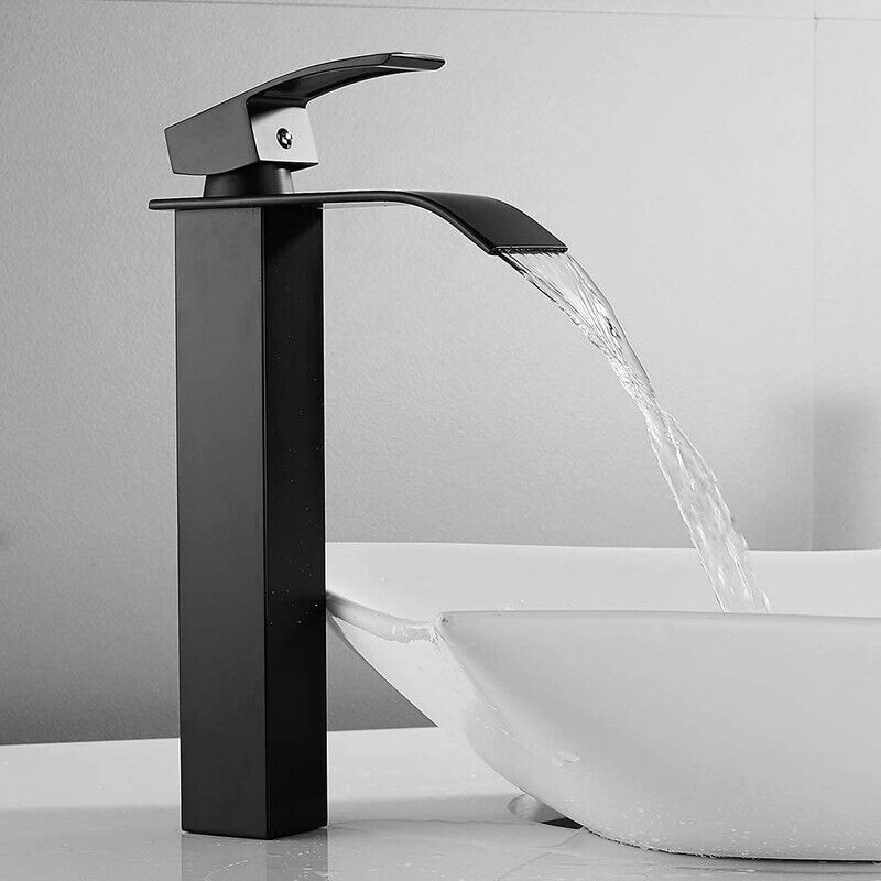 Schwarzer Wasserfall-wasserhahn Mit Hohem Auslauf, Hoher Waschtischhahn, Einloch-spültischhahn, Einhebel-mischbatterie Aus Messing Für Warm- Und Kaltwasser, Geeignet Für Badezimmer.