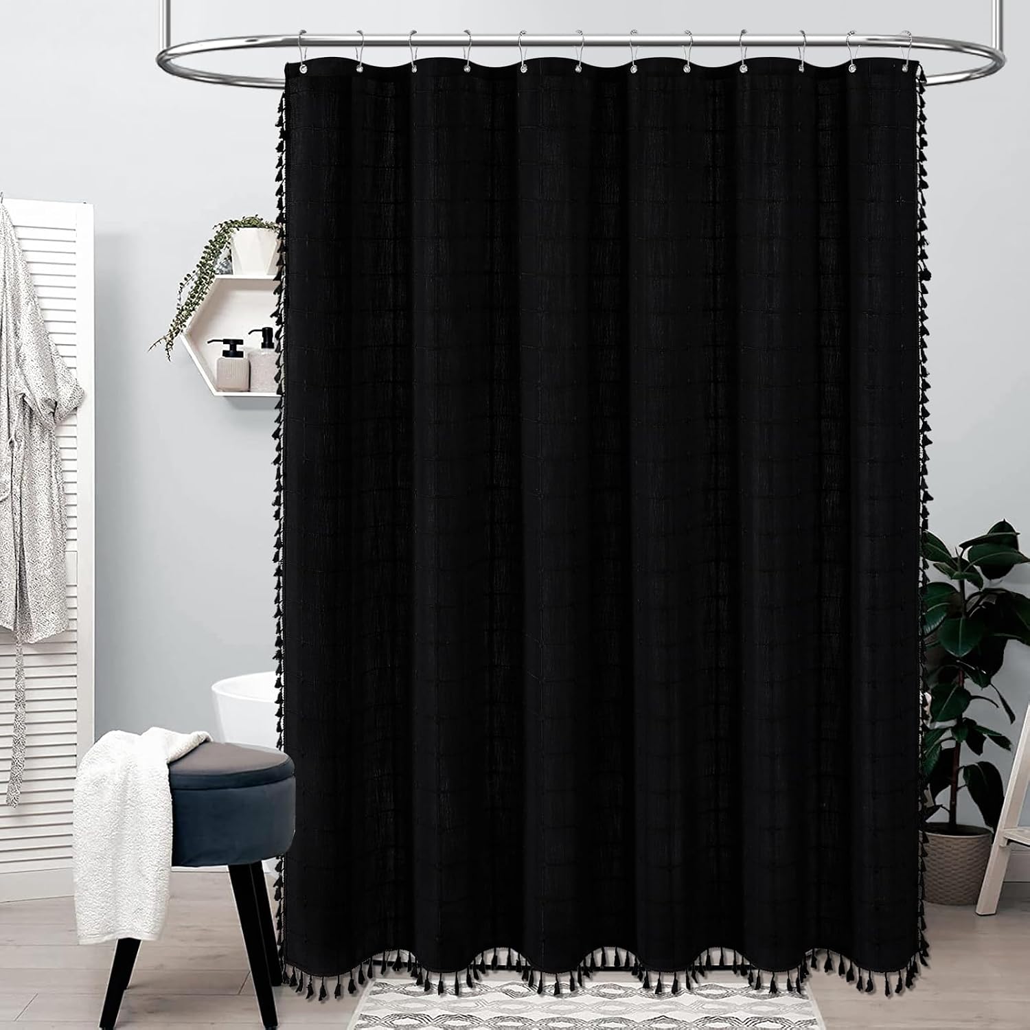 Duschvorhang Im Boho-stil Mit Quasten, Leinenstoff, Ideal Für Die Badezimmerdekoration, 183 X 183 Cm (schwarz)