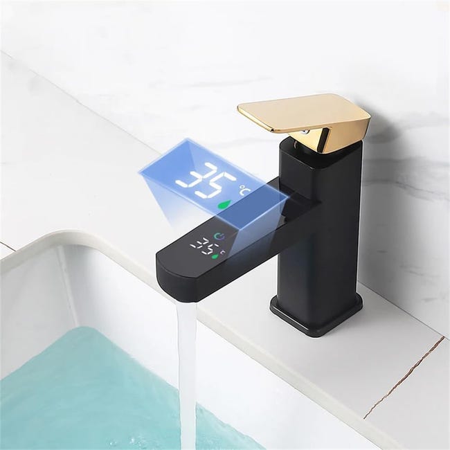 Waschtischarmatur Mit Digitaler Led-temperaturanzeige, Schwarz Und Goldhohe Qualität, Die Ideale Wahl Für Familien.