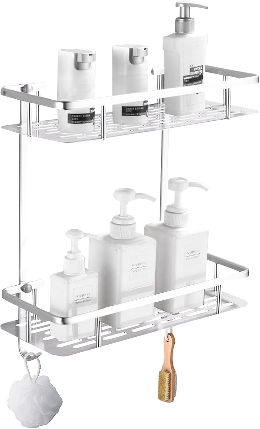 Silbernes Duschregal, Badezimmer-wandregal, Duschkorb Aus Metall Ohne Bohren (2 Körbe)