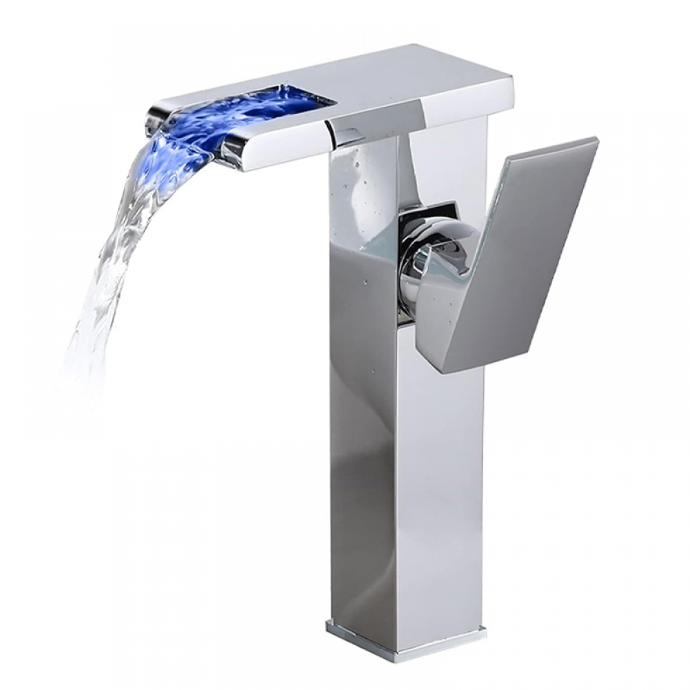 Badezimmerarmatur – Warm- Und Kaltwasser – Farbwechselnde Led – Breiter Wasserfallauslauf – Chrom – Höhe 24 Cm